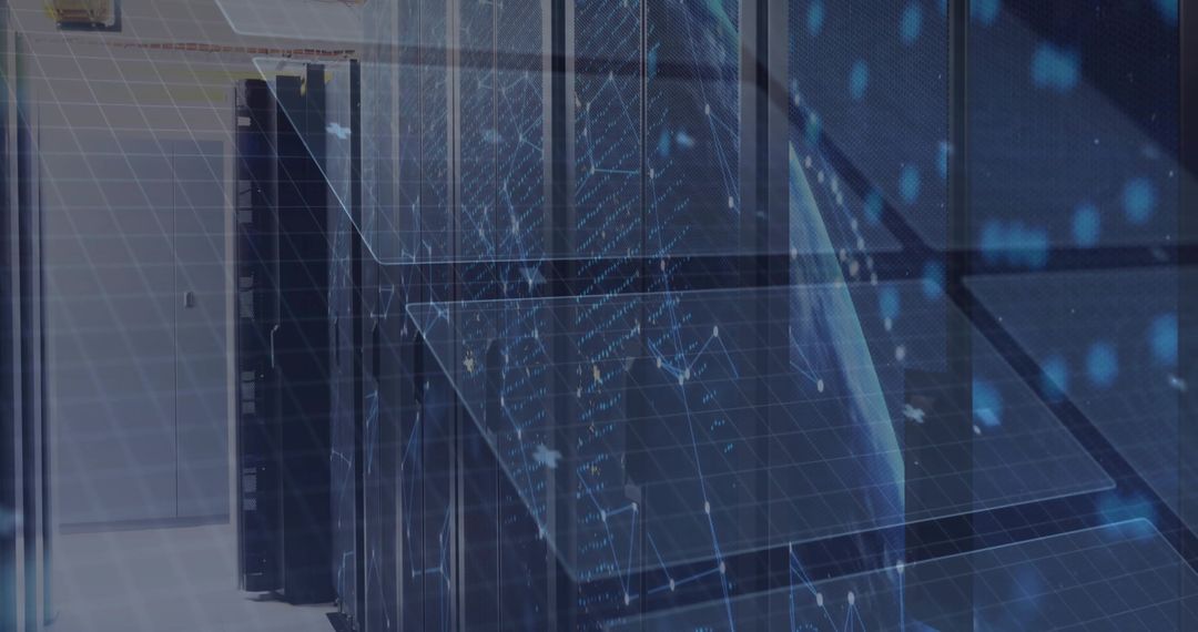 Data Center Server Room Technology with Futuristic Holographic Overlay