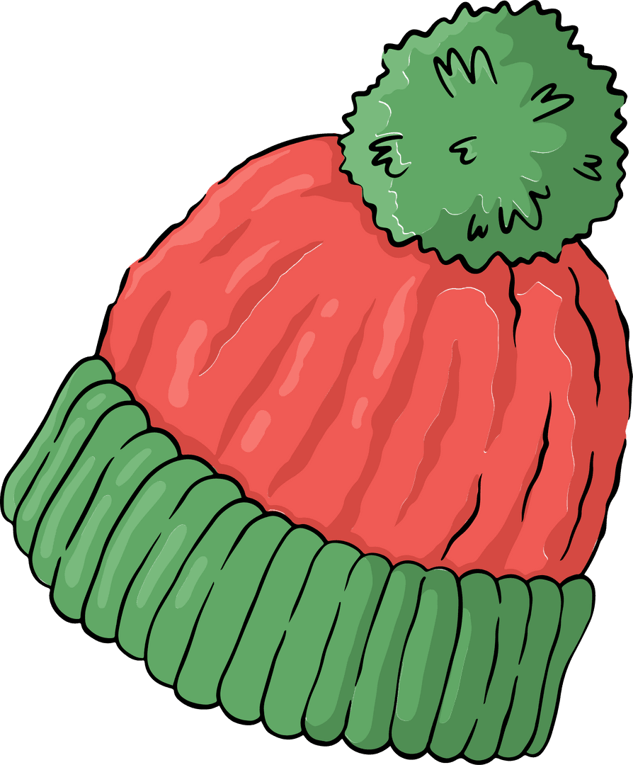 Cartoon Knitted Beanie with Red Crown and Green Pom-Pom Transparent