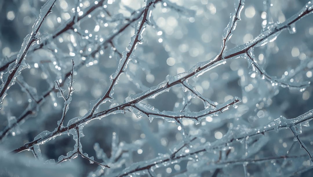 Branches Coating with Clear Ice and Delicate Icicles Creating Frosty Winter Bokeh