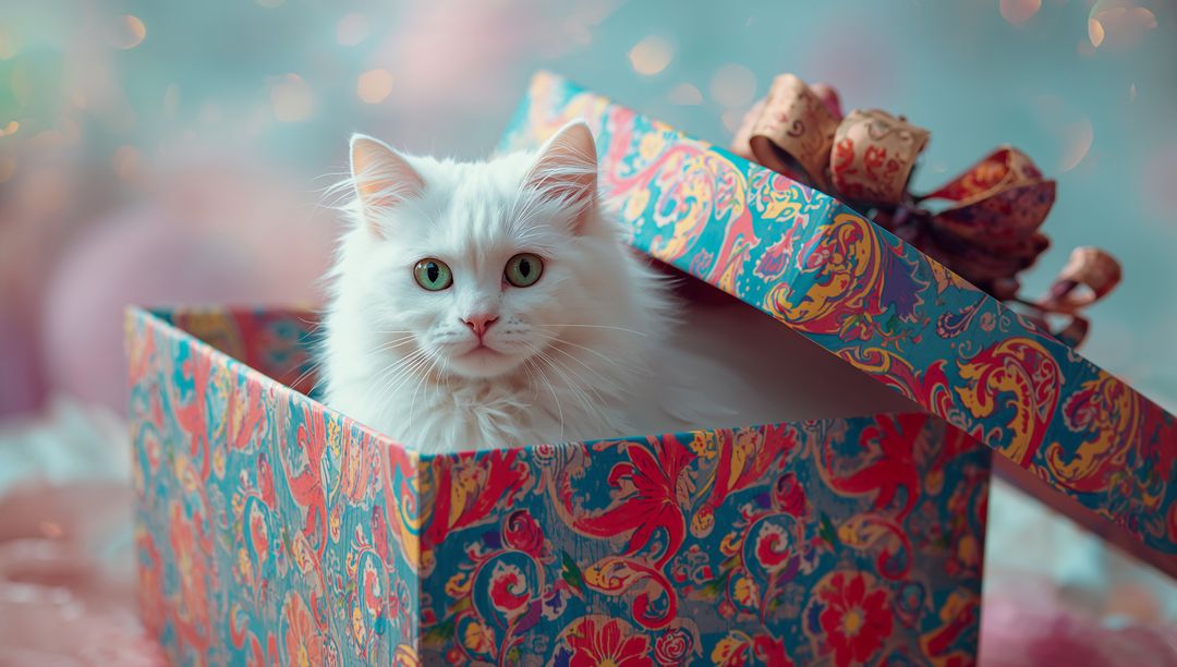 White Cat Sitting Inside Decorative Gift Box in Festive Setting