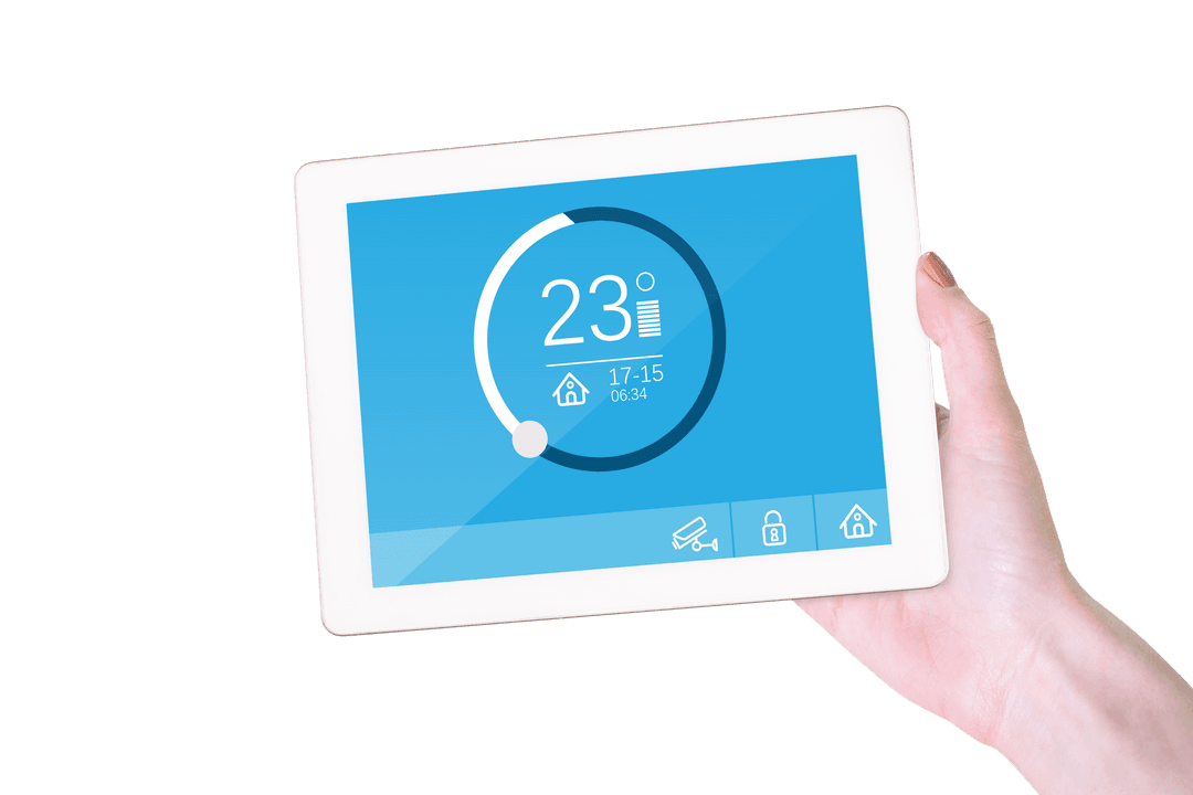 Human Hand Holding Transparent Digital Tablet with Interface