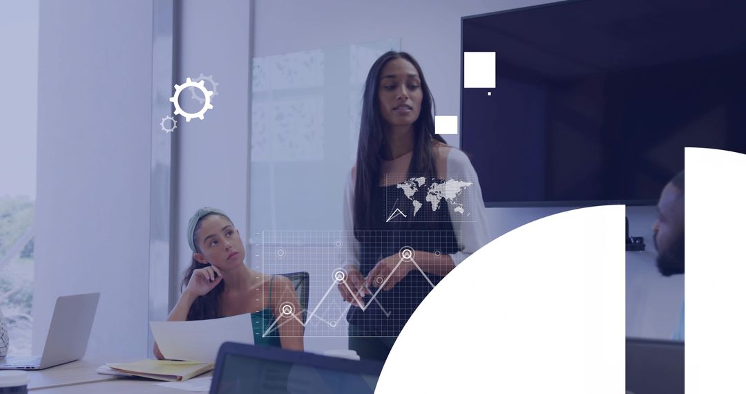Businesswoman presenting data to team in modern boardroom with analytics overlays