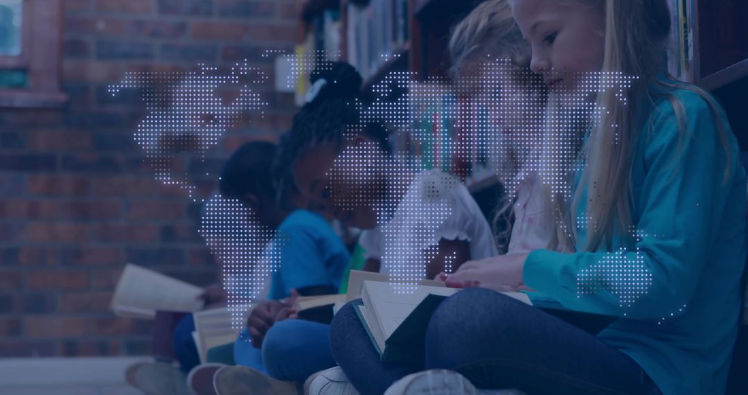 Children Reading Books in Library with Digital World Map Overlay