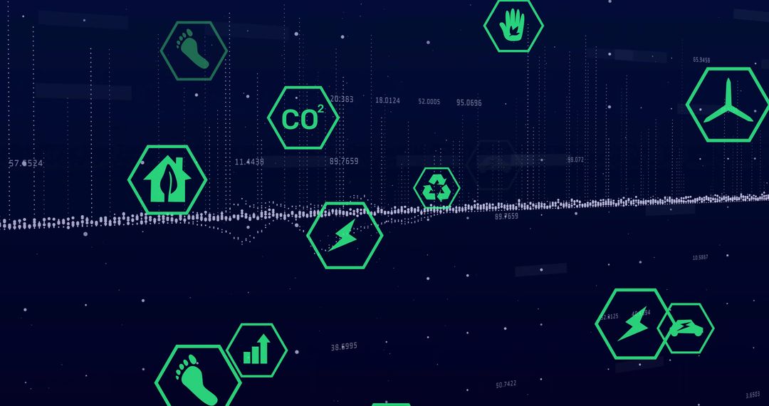Green Hex Icons on Blue Interface for Environmental Analytics