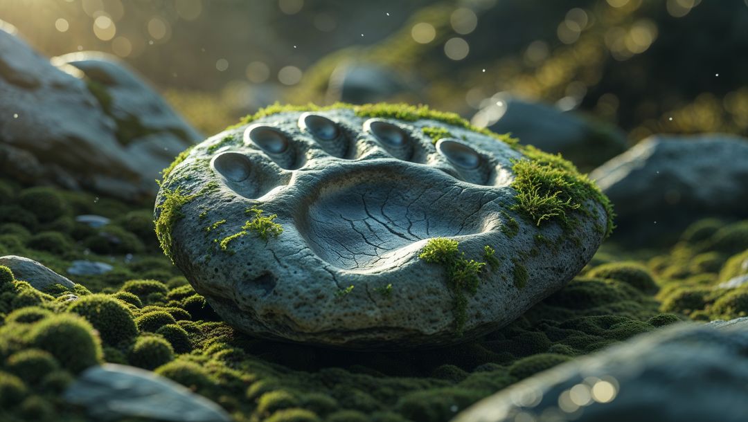 Moss-Covered Rock with Paw Print Carving on Forest Floor