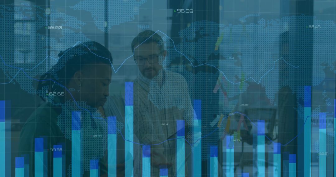 Team reviewing digital analytics with bar charts and line graphs overlay in modern open office