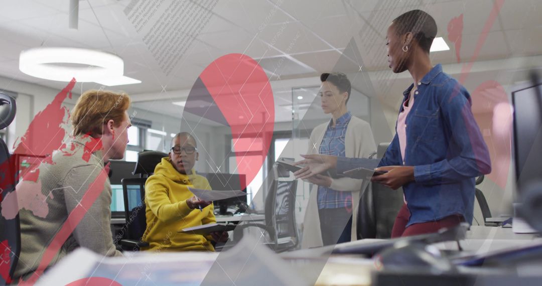 Multiracial Team Discussing Documents with Digital Interface Overlay