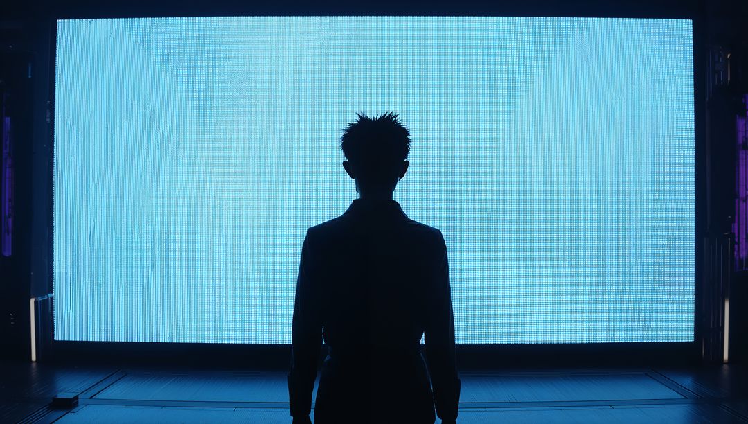 Silhouette Facing Large Cyan LED Wall in Futuristic Stage Setting