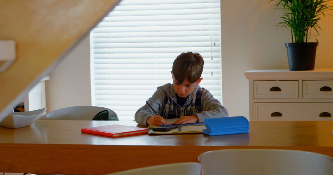 Young Boy Studying at Home with Books on Table - Free Images, Stock Photos and Pictures on Pikwizard.com