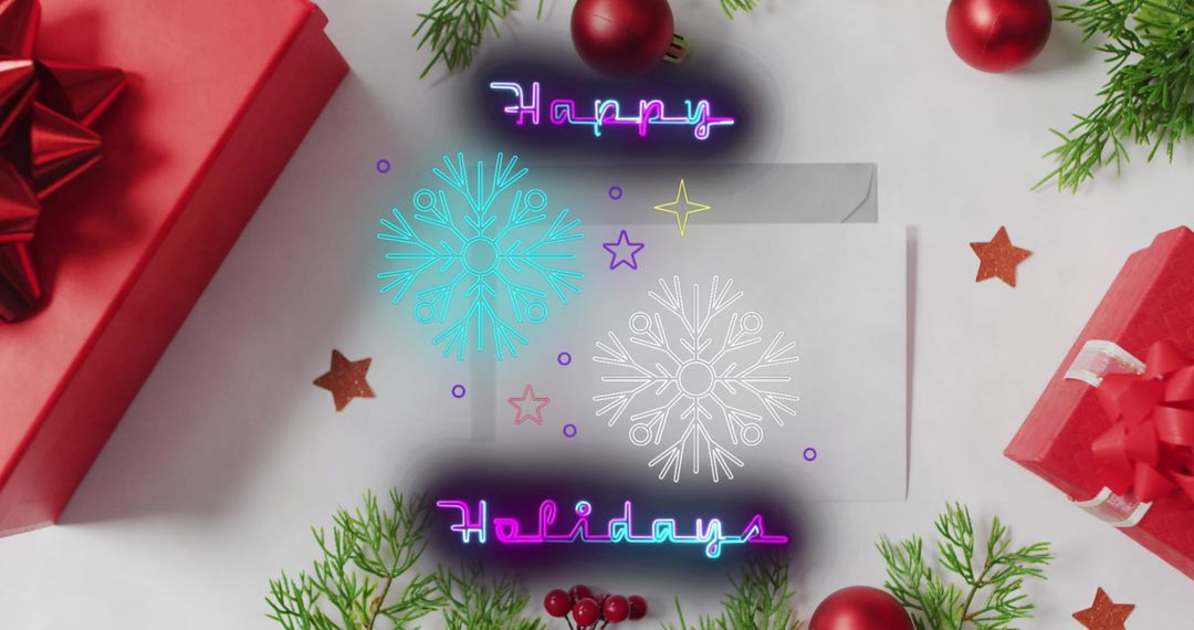 Neon Happy Holidays Message with Christmas Decorations