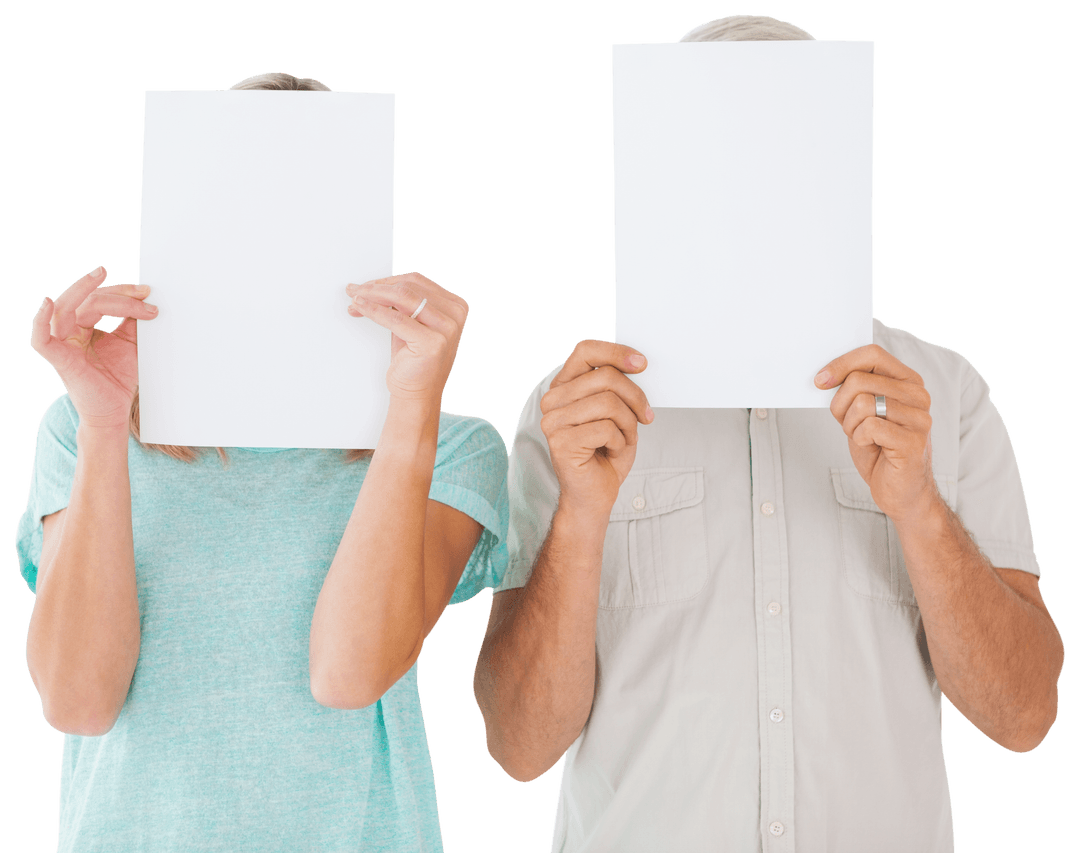 Transparent Couple Holding Blank Papers in Front of Faces