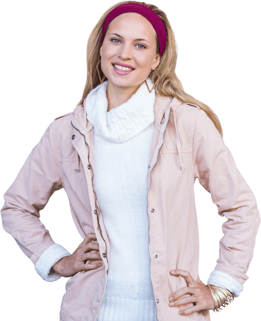 Transparent Smiling Woman in Pink Jacket Standing Confidently