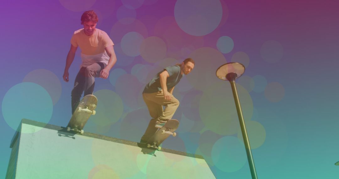 Skateboarding Enthusiasts on Urban Ramp with Colorful Overlay