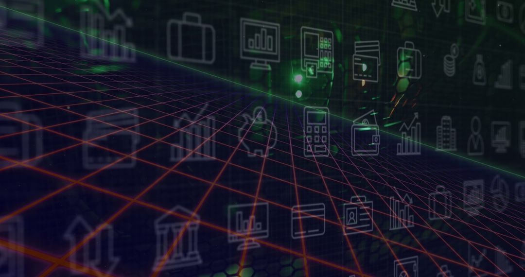 Digital Business Icons Over Geometric Grid Background