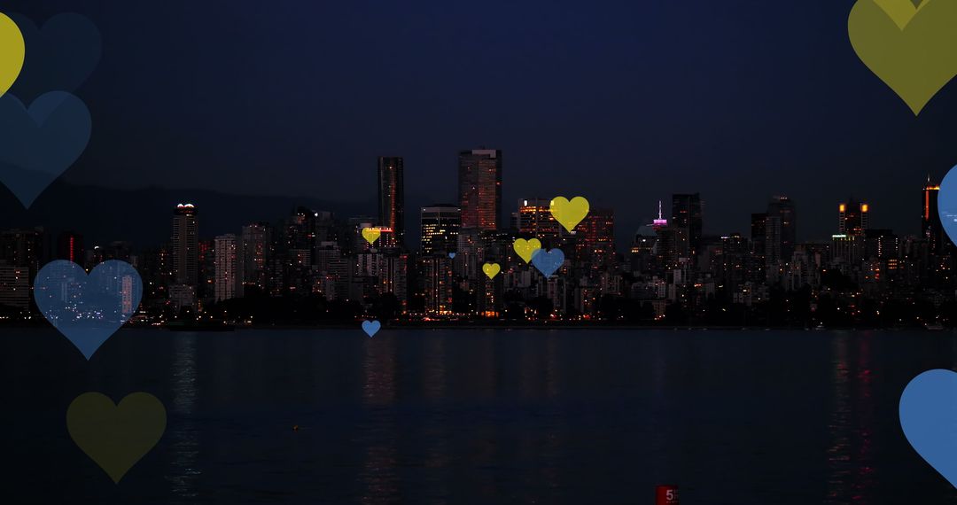 Digital Hearts Overlay on Illuminated Cityscape at Night