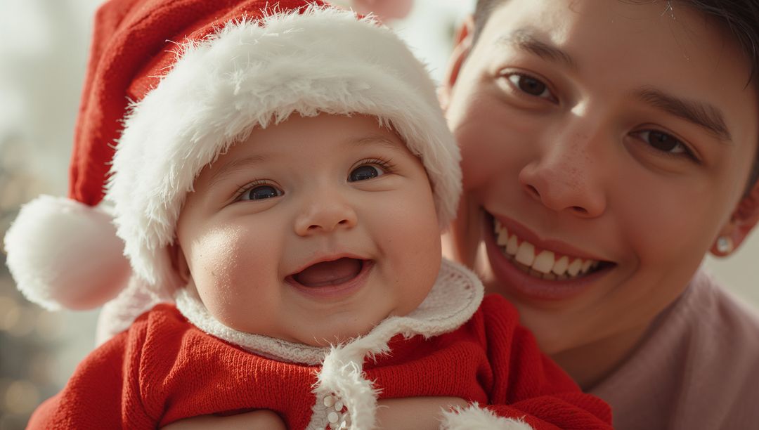 Smiling Baby in Santa Suit Embraced by Parent During Holidays