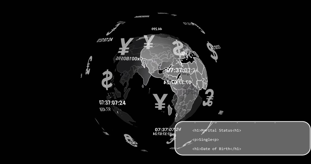 Globe with Currency and Data on Black Background