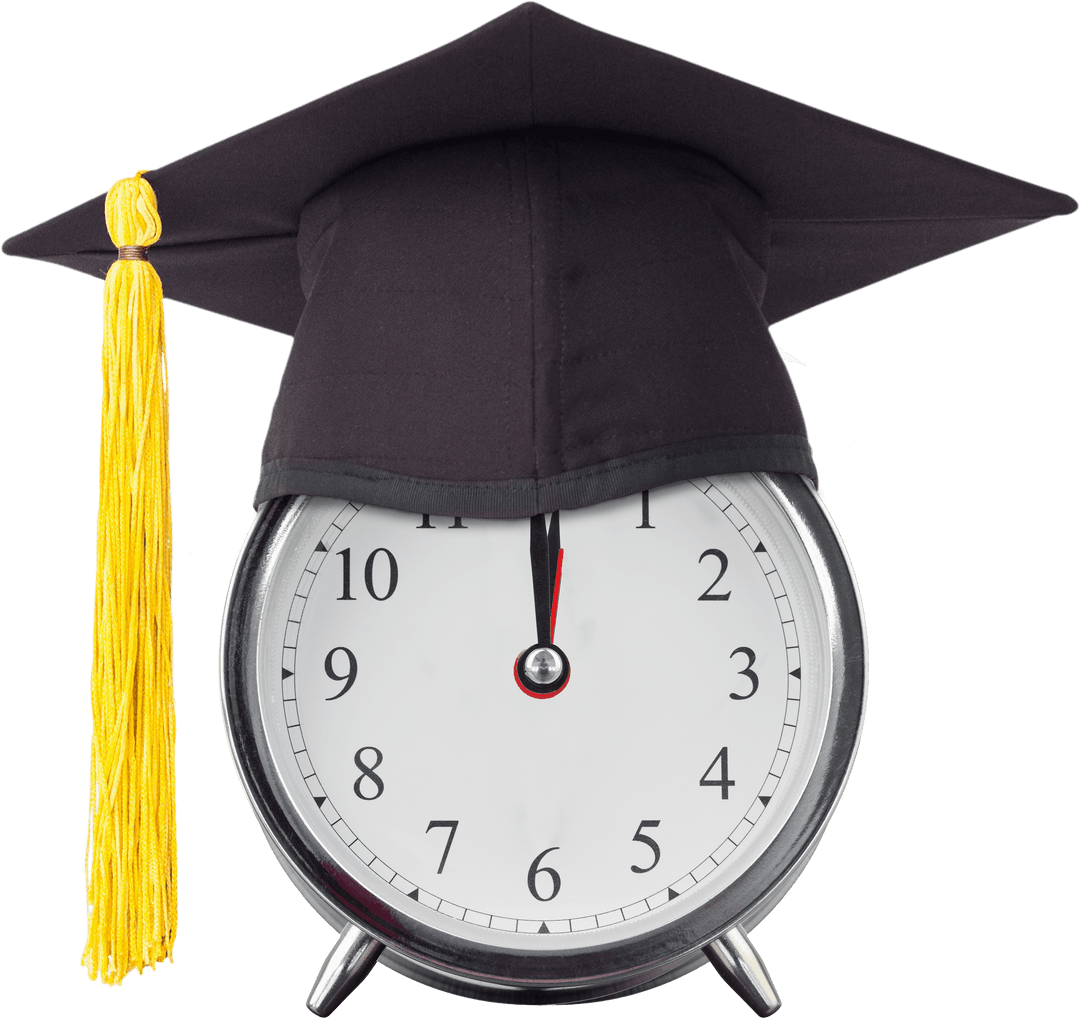 Alarm Clock Wearing Graduation Cap on Transparent Background