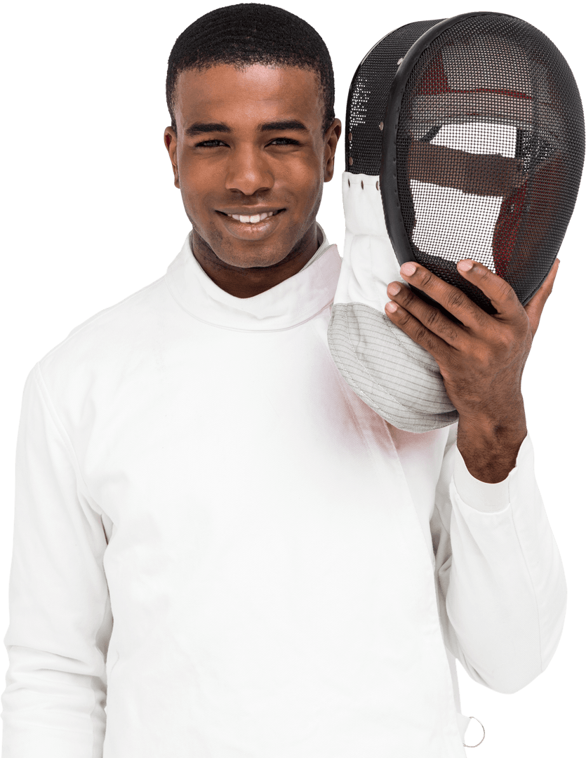 Confident Fencer Holding Mask with Transparent Background