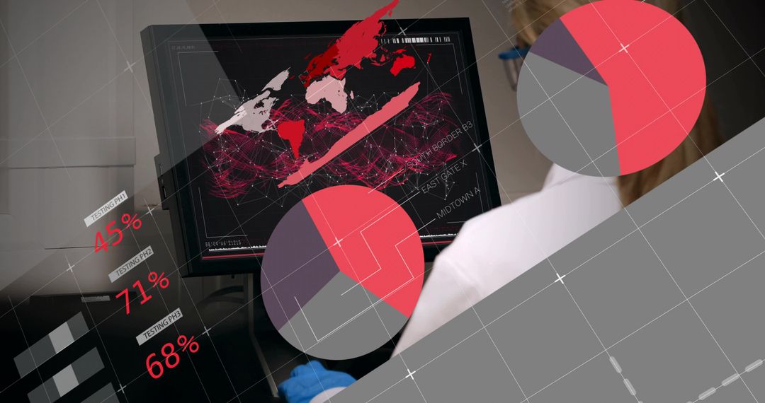Scientist analyzing global data overlays at workstation with charts and dashboard