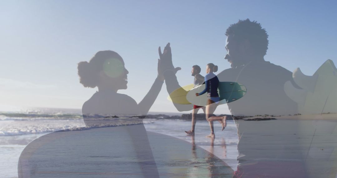 Joyful Couple Surfing and High Fiving on Beach Vacation