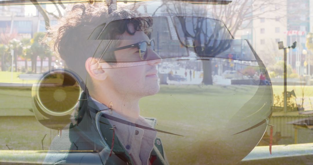 Man at Urban Park with Superimposed Private Jet Elements