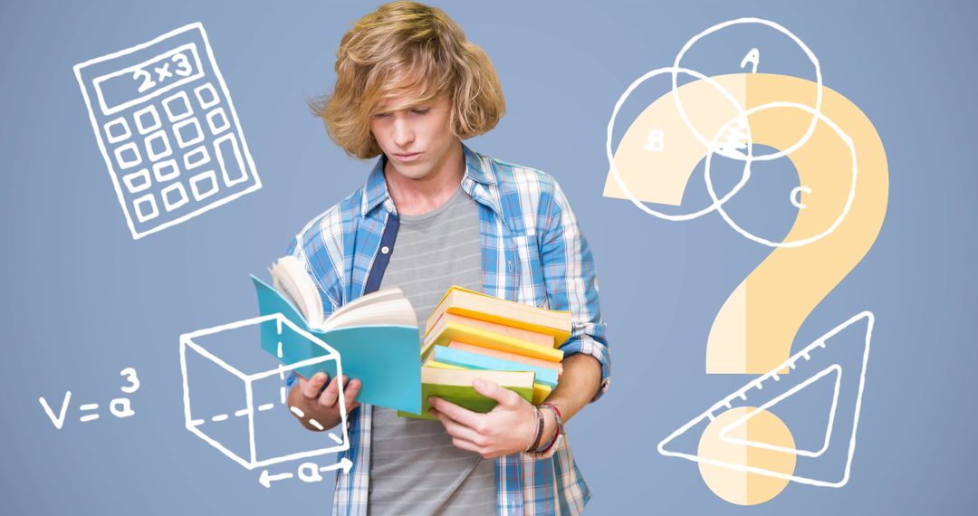 Focused Student Surrounded by Math Symbols and Books