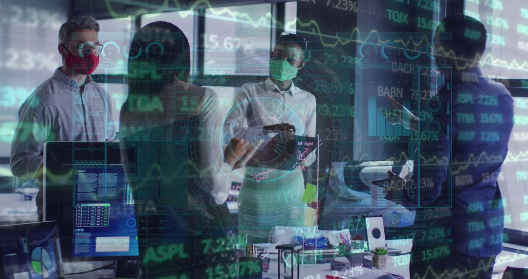 Masked Team Collaborating on Stock Market Strategy
