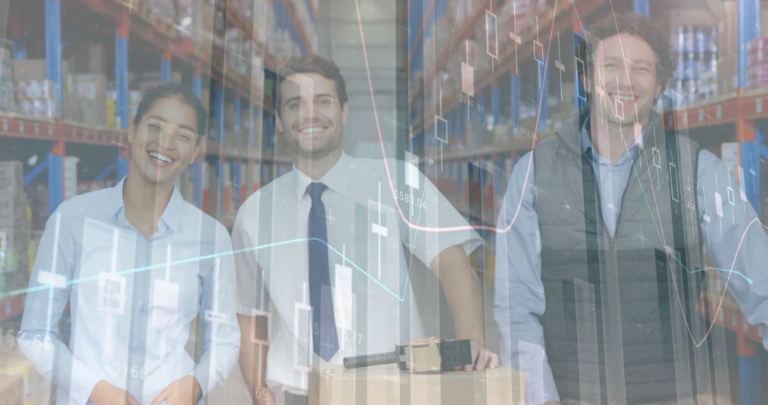 Diverse Team of Warehouse Supervisors Overlaid with Financial Data Graphics