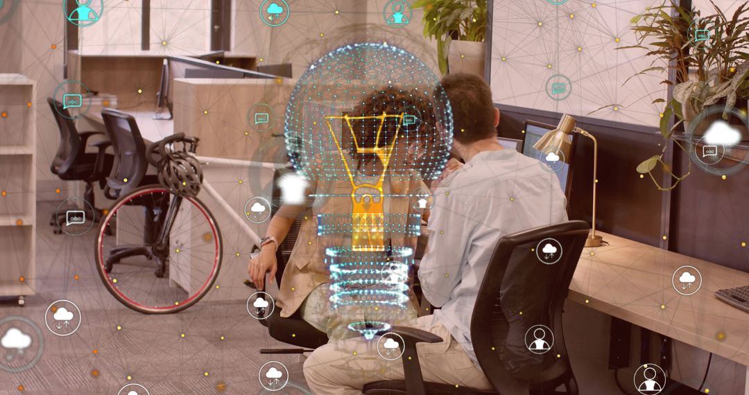 Coworkers Collaborating With Innovative Holographic Interface in Modern Office