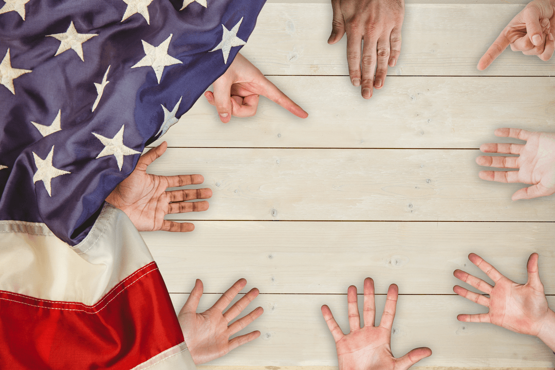 Group of Hands Raised Voting with Transparent American Flag Background