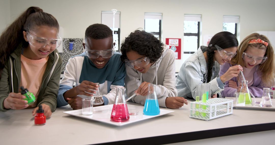 Diverse Students Conducting Chemistry Experiments in Science Classroom