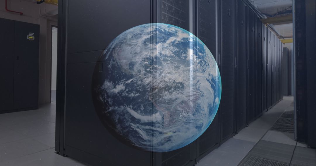 Globe Overlaying Modern Server Room Illustrating Global Networking