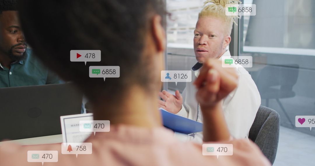 Diverse Team Collaborating with Social Media Integration