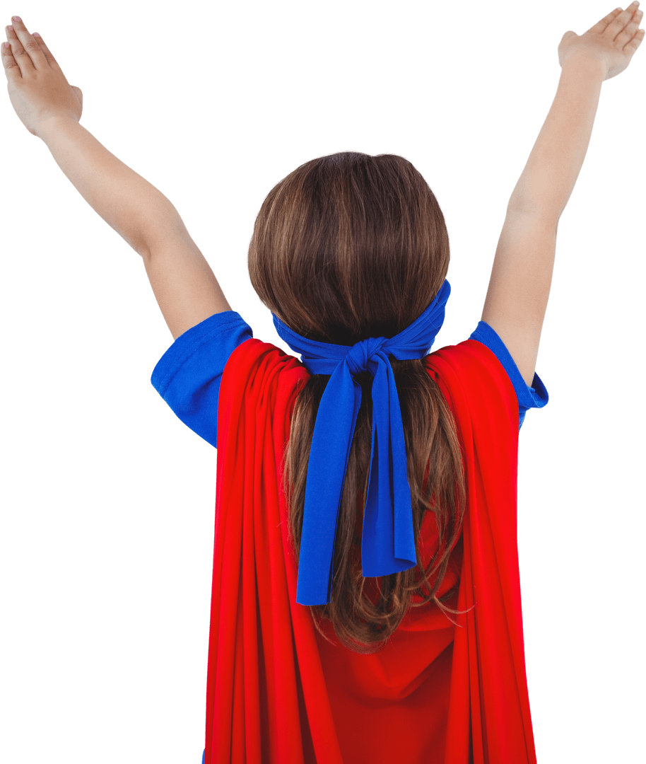 Rear View of Child in Bright Hero Costume Costume over Transparent Background