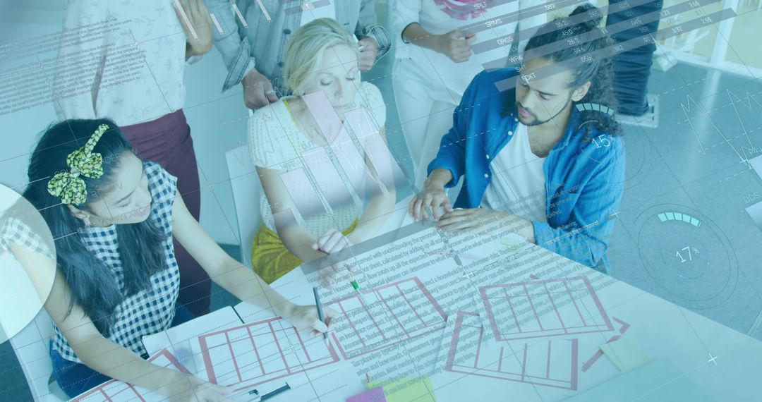 Coworkers Collaborating on Blueprints with Infographic Interface