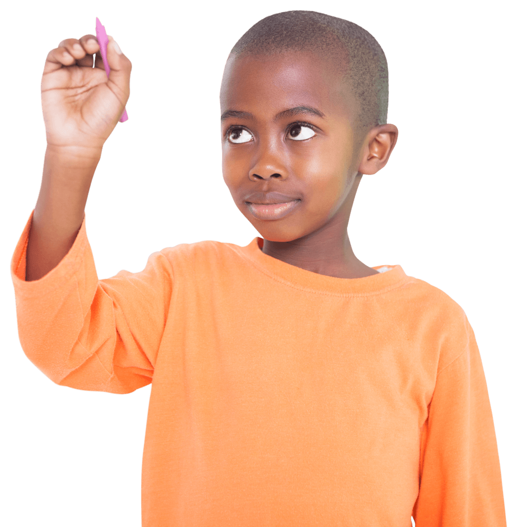 Cute Child in Orange Sweater Writing with Clear Background
