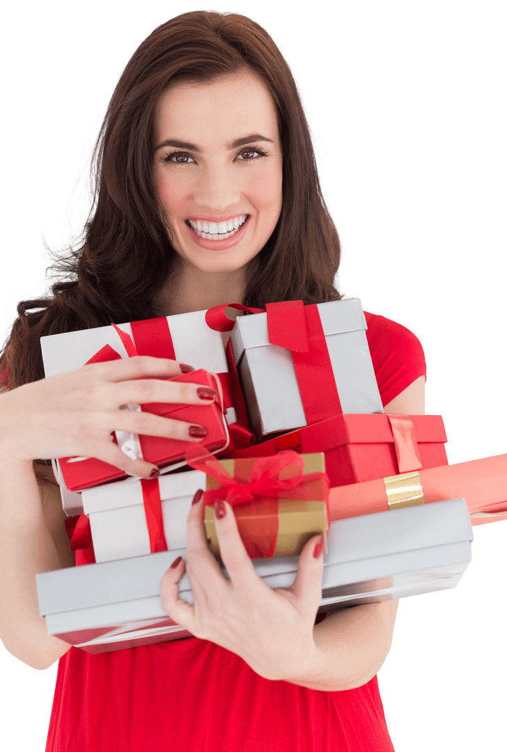 Smiling Brunette Holding Gift Boxes, Transparent Background