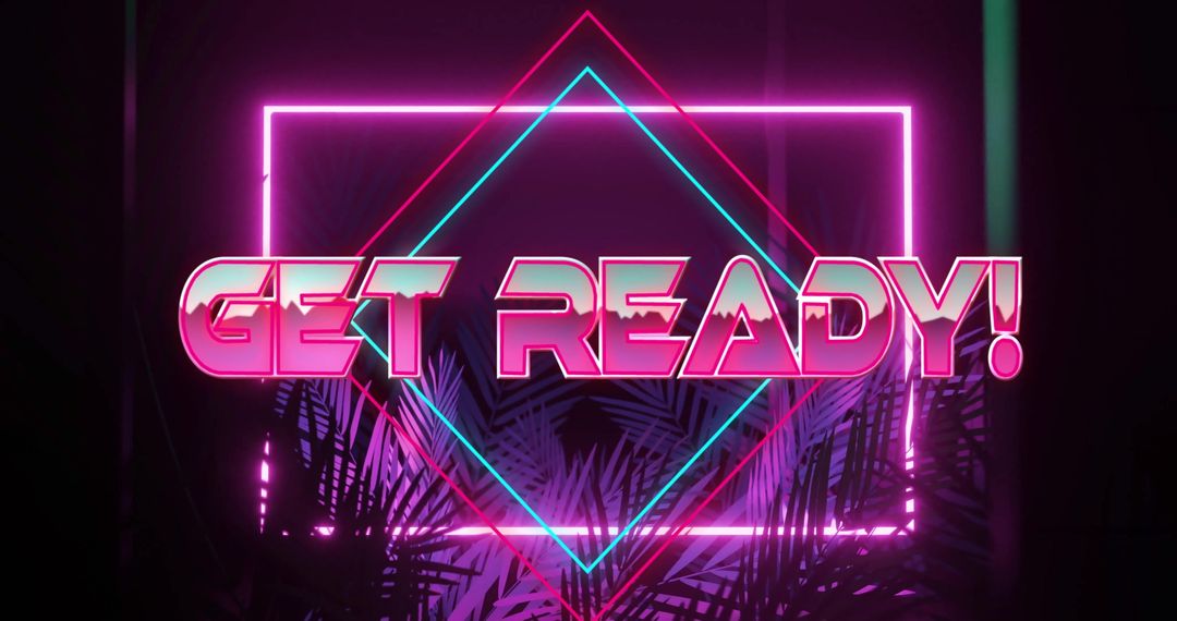 Neon Get Ready Sign on Dark Stage with Palm Leaves