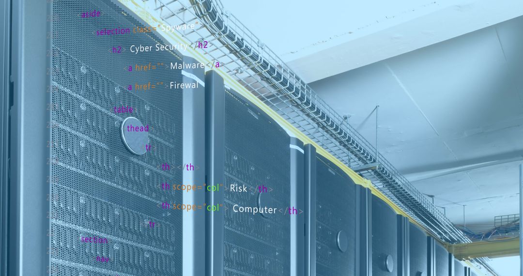Futuristic Server Room with Data Overlay and Cyber Elements