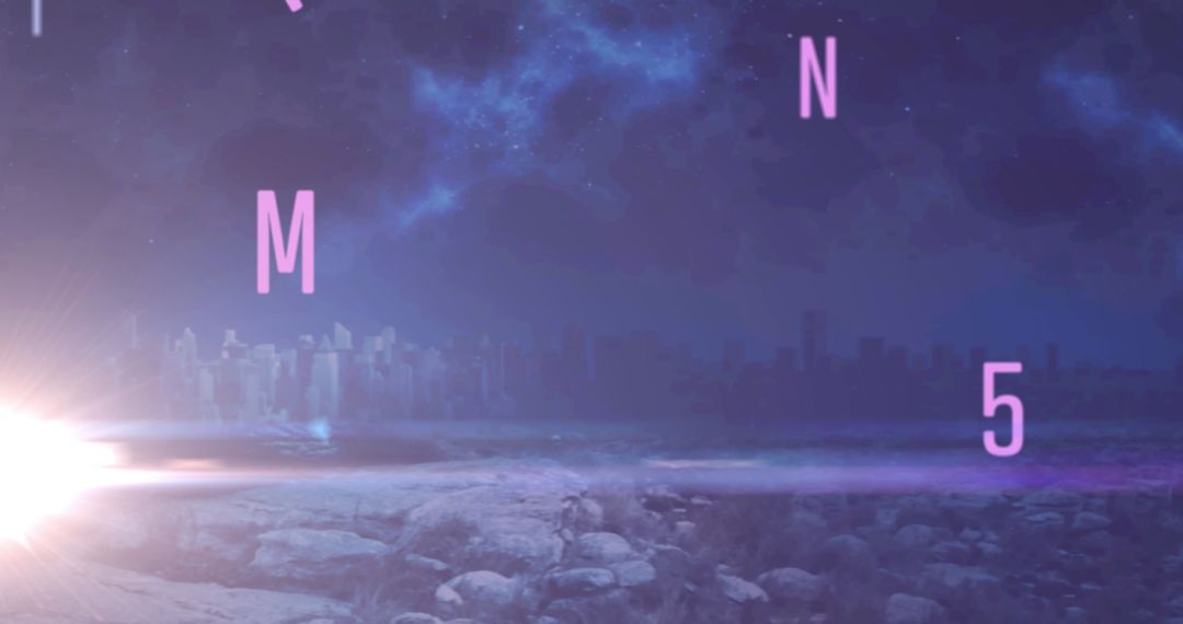 Digital Letters and Numbers Over Futuristic Cityscape at Night