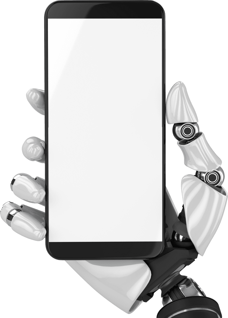 Robotic Hand Holding Smartphone with White Screen on Transparent Background