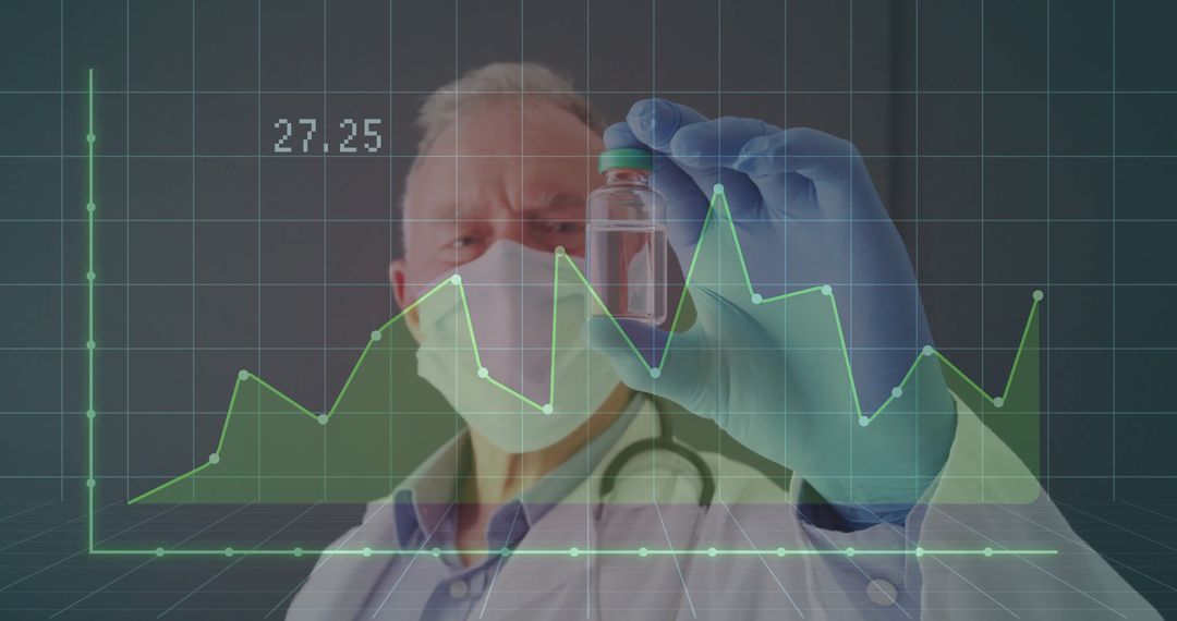 Doctor Analyzing Vial in Laboratory with Futuristic Data Overlay
