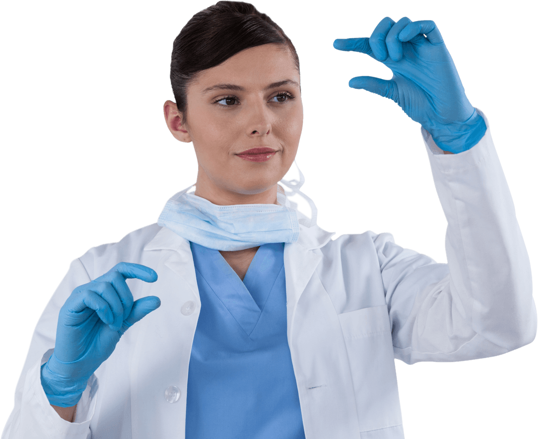 Female Scientist Holding Invisible Item Transparent PPE