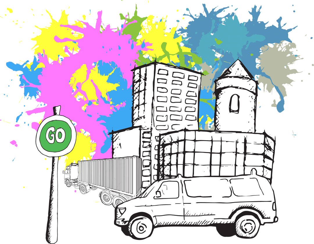Colorful Urban Cityscape with Trucks on Transparent Background