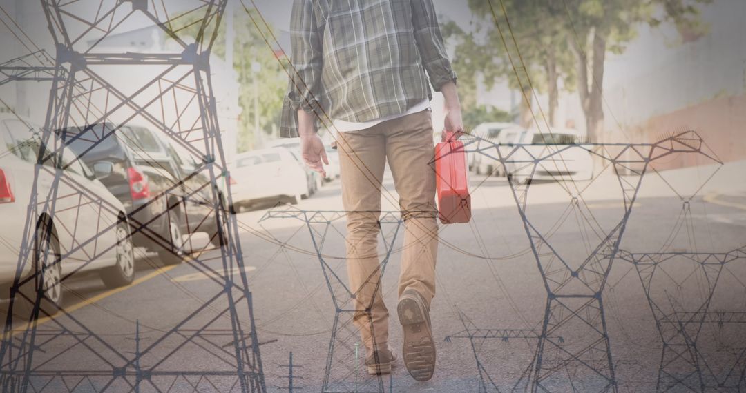 Man Walking with Canister Overlaid with Electricity Poles