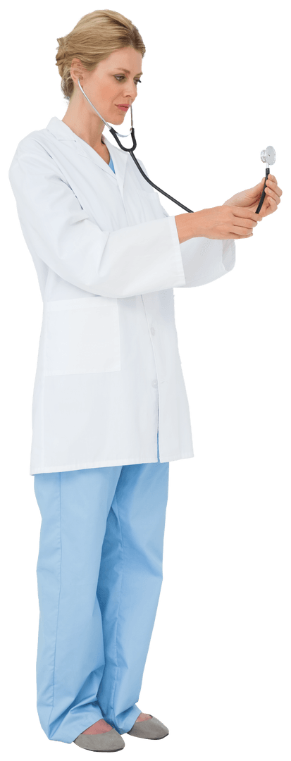 Blonde Doctor Listening With Stethoscope on Transparent Background