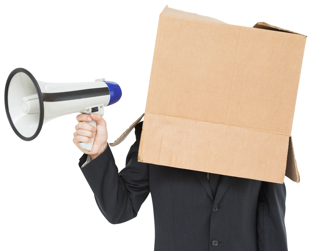 Transparent Businessman with Box on Head Holding Megaphone Yelling - Download Free Stock Images Pikwizard.com