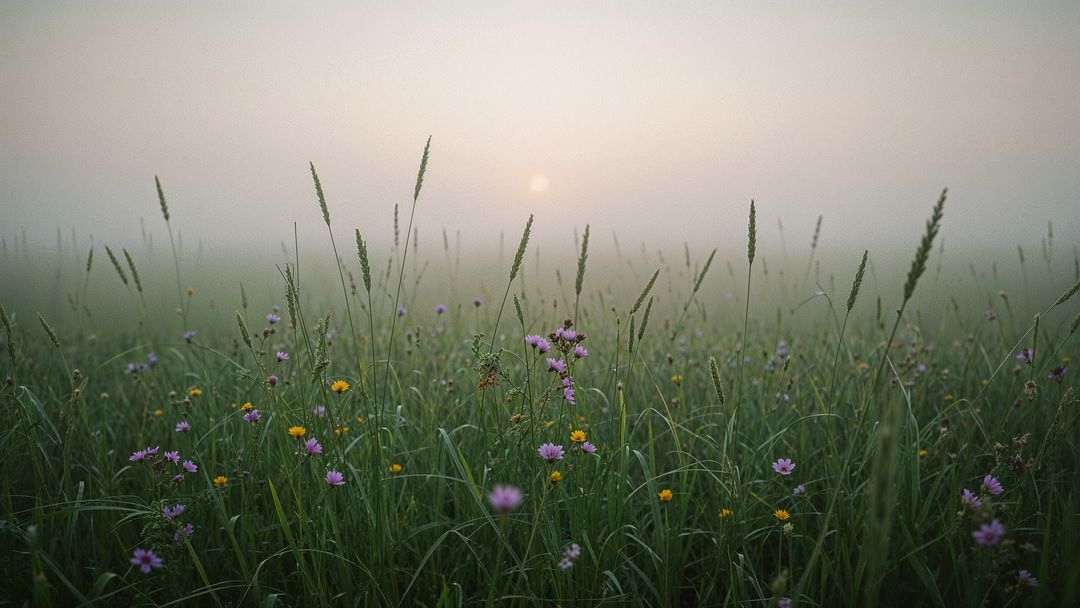 Tranquil Meadow at Dawn with Dew-Covered Wildflowers