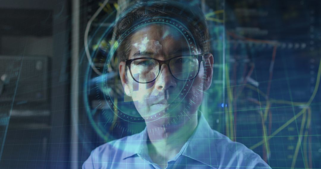 Tech Expert Analyzing Digital Data Interface in Server Room